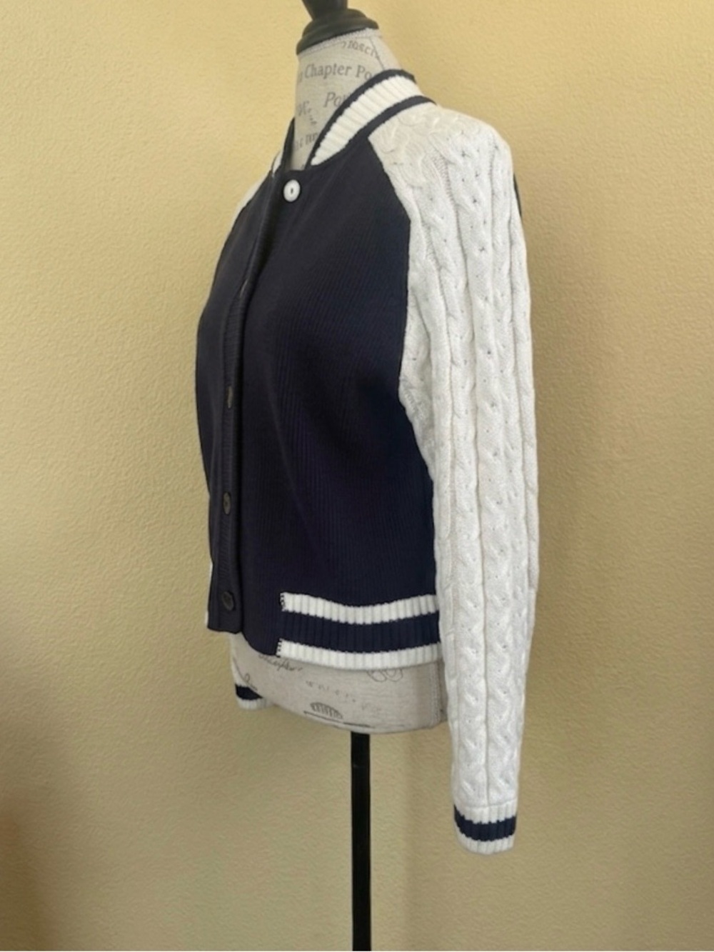 Central Park West Chloe Knit Bomber Navy White Cable Medium EUC! - Picture 5 of 9